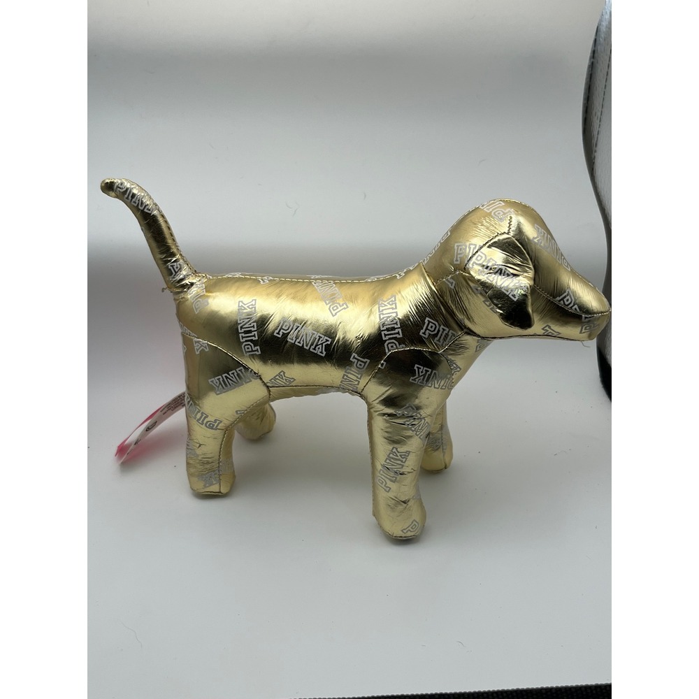 Victoria's Secret PINK Gold Metallic Logo Plush Dog Mascot Collectible